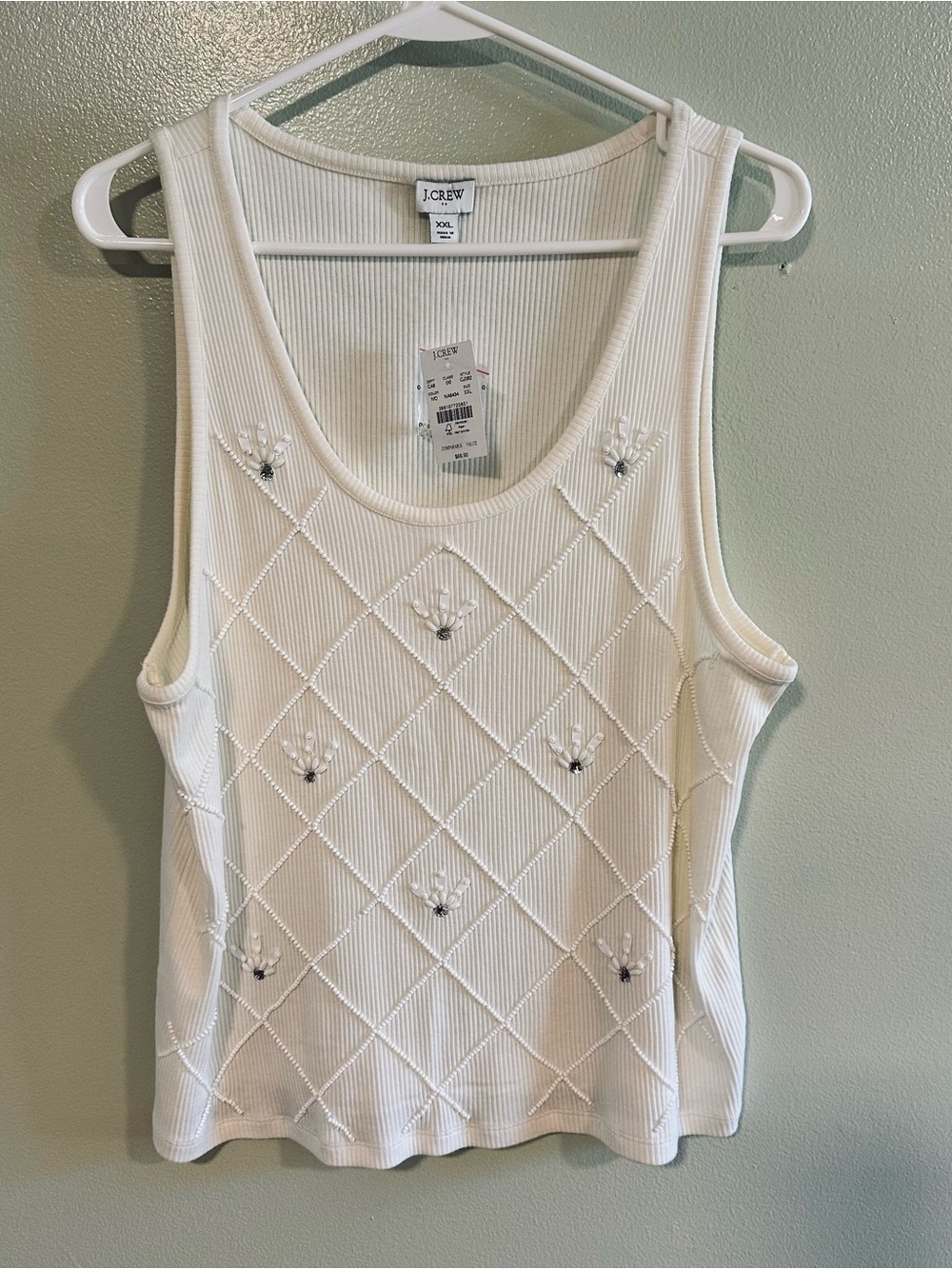J. Crew Cream Ribbed Embroidered Tank Top